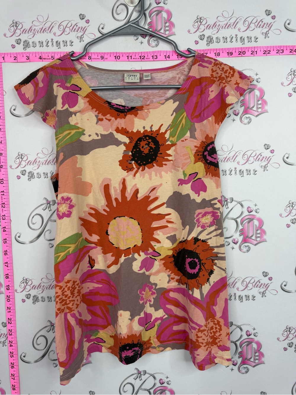 Esprit tshirt style top Floral Cap-Sleeve Tee in Pink, Orange & Cream